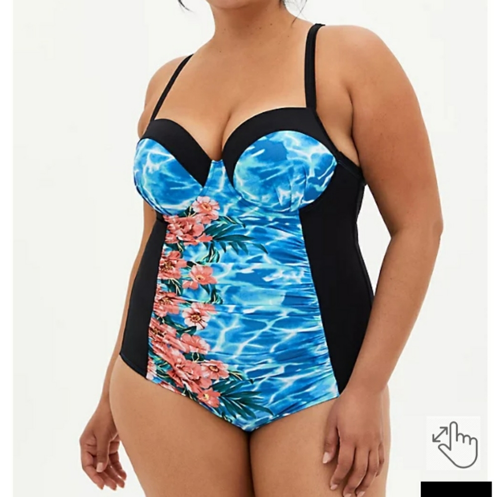 Torrid Underwire Slim Fix One Piece Swimsuit Blue Water Floral NWT